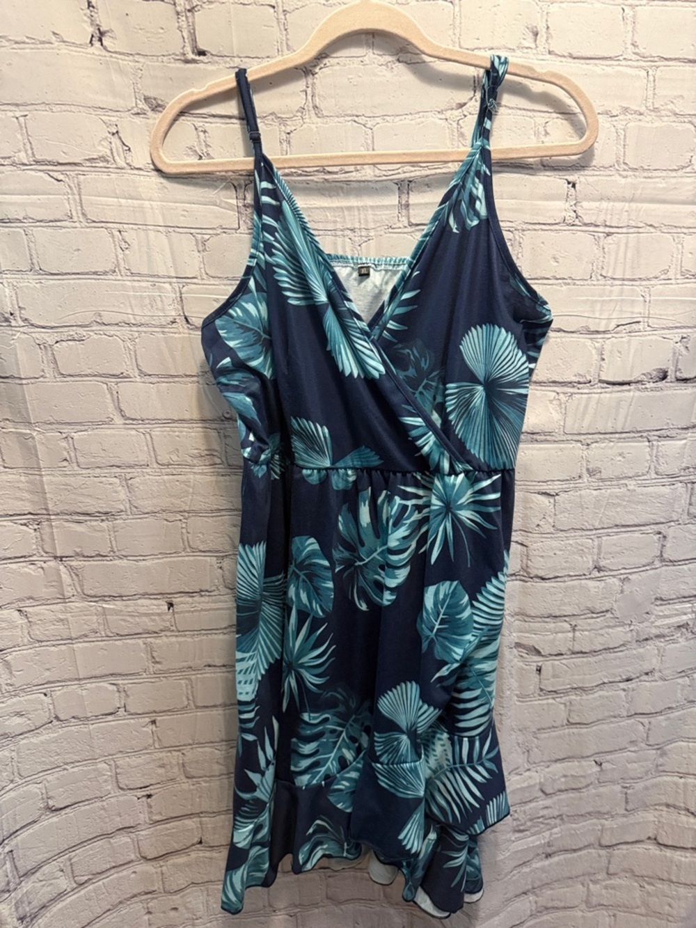 Navy Tropical Print Wrap Sundress - Teal Leaf Pattern